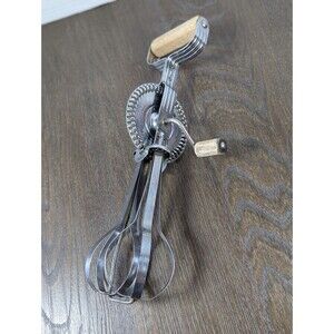 VTG A&J EKCO Hand Mixer Egg Beater Made in USA Wood Handle 12in Stainless Steel